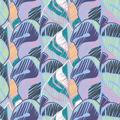 Scribble monstera leaves tropical seamless pattern. Embroidery palm leaf endless wallpaper.