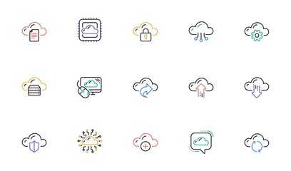 Cloud data and technology icons. Hosting, Computing data and File storage. Computer sync linear icon set. Bicolor outline web elements. Vector
