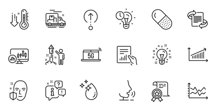 Outline set of 5g notebook, Face protection and Marketing line icons for web application. Talk, information, delivery truck outline icon. Include Certificate, Idea, Chart icons. Vector