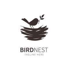 nest logo illustration silhouette bird and leaf. birdhouse symbol  - obrazy, fototapety, plakaty