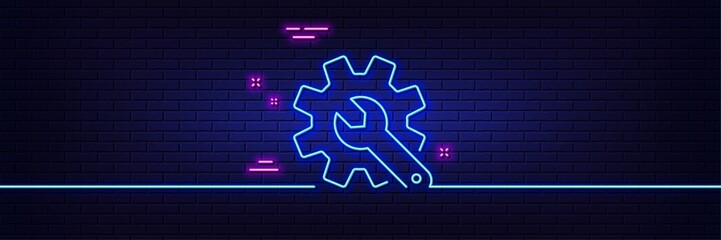 Neon light glow effect. Customisation line icon. Settings or editing sign. Repair symbol. 3d line neon glow icon. Brick wall banner. Customisation outline. Vector