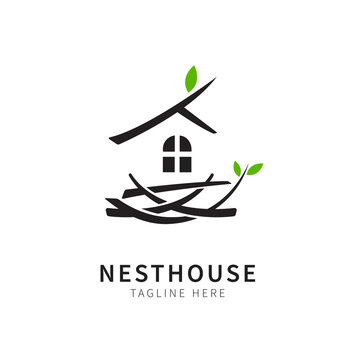 nest illustration with house and leaf. birdhouse symbol logo Vector