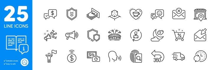 Outline icons set. Update time, Manual and Photo camera icons. Leadership, Loan percent, Shield web elements. Shields, 360 degrees, Truck delivery signs. Open mail, Person info. Vector