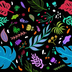 Colorful tropical rainforest. Seamless pattern with abstract flowers leaves and other plants. Aloha textile collection.illustration background
