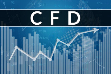 Financial term CFD (Contract For Difference) on blue finance background. Uptrend and downtrend. Financial market concept