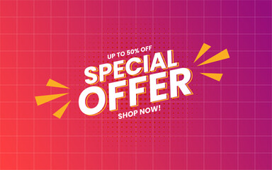 Special Offer up to 50% off all item store banner promotion with gradient background. Vector illustration