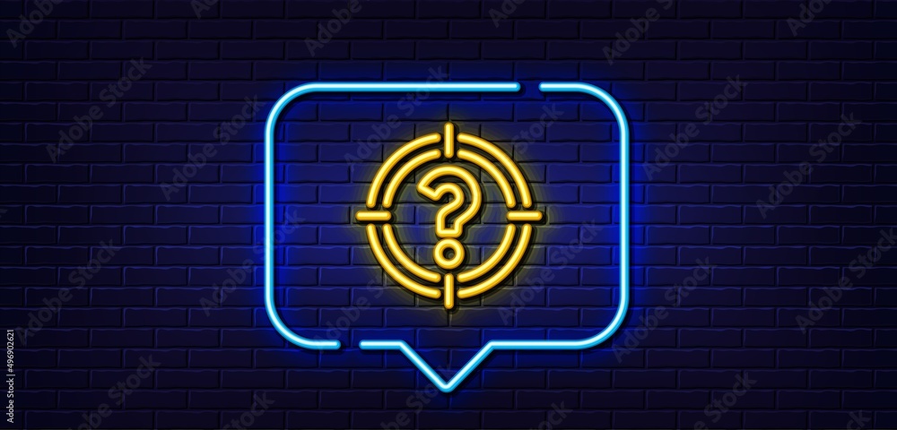 Poster neon light speech bubble. target with question mark line icon. aim symbol. help or faq sign. neon li