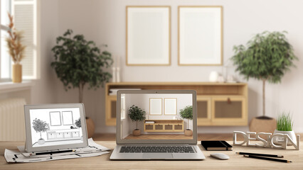 Architect designer desktop concept, laptop and tablet on wooden desk with screen showing interior design project and CAD sketch, blurred draft in the background, wooden living room