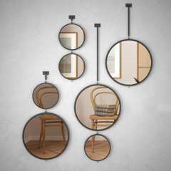 Round mirrors hanging on the wall reflecting interior design scene, wooden waiting living room with rattan chairs and decors, modern architecture concept idea