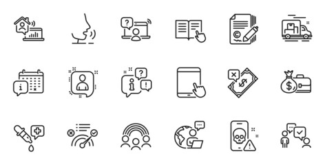 Outline set of Copywriting, Chemistry pipette and Cyber attack line icons for web application. Talk, information, delivery truck outline icon. Vector