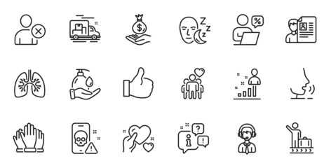 Outline set of Wash hands, Online discounts and Cyber attack line icons for web application. Talk, information, delivery truck outline icon. Include Hold heart, Job interview, Like icons. Vector