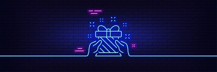 Neon light glow effect. New year present line icon. Christmas gift box sign. Surprise symbol. 3d line neon glow icon. Brick wall banner. Gift outline. Vector