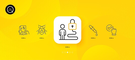 Fototapeta na wymiar Prescription drugs, Chemistry pipette and Software bug minimal line icons. Yellow abstract background. Lock, Checkbox icons. For web, application, printing. Pills, Laboratory, Cyber virus. Vector
