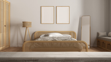 Wooden vintage table top or shelf closeup, zen mood, over classic minimalist bedroom in beige tones with rattan bed, frame mockup, modern architecture interior design