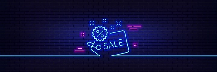 Fototapeta na wymiar Neon light glow effect. Sale tag line icon. Shopping discount sign. Clearance symbol. 3d line neon glow icon. Brick wall banner. Sale outline. Vector