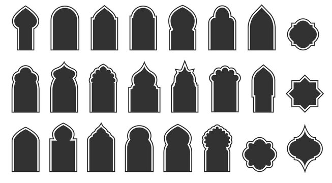 Set of Arabic windows and doors. Silhouette of Islamic architecture elements. Vector EPS 10