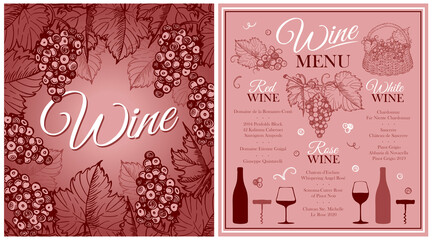 Sketch drawing Wine menu poster with grapes, champagne bottle and drinking glass isolated on pink background. Engraved grape fruit on a branch. Art line alcohol drinks bar menu. Vector illustration.  - 496904412