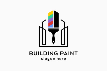 Wall paint or building paint logo design, paint brush silhouette combined with building icon in rainbow color concept