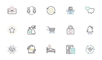 Medical drugs, Cleaning liquids and Security confirmed line icons for website, printing. Collection of Luggage, Rank star, Delivery shopping icons. Clock bell, Social media. Vector