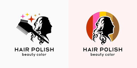 Hair dye or hair polish logo design, comb and woman silhouette with creative concept