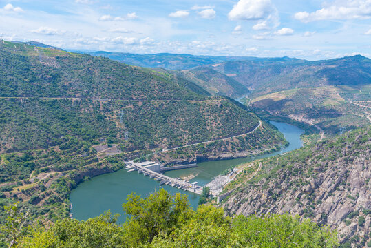 Aerial view of Valeira water power plant at Douro valley, portugal