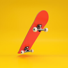 A red skateboard floating on a yellow background, 3d render