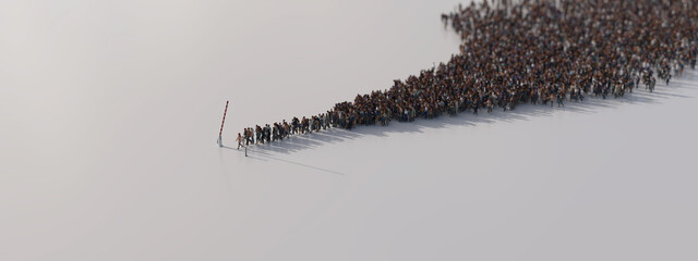 A stream of refugees at an open barrier. 3D illustration.
