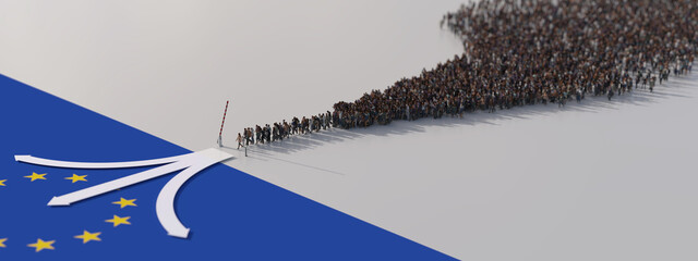 A stream of refugees being distributed at the EU border. 3D illustration 