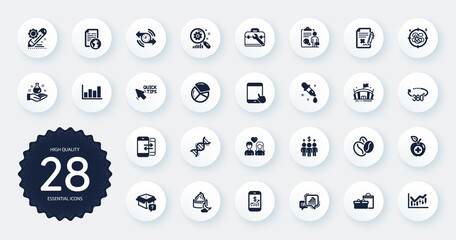 Set of Business icons, such as Phone communication, Inspect and Project edit flat icons. 360 degrees, Mobile finance, Reject file web elements. Tool case, Secret package, Meeting signs. Vector