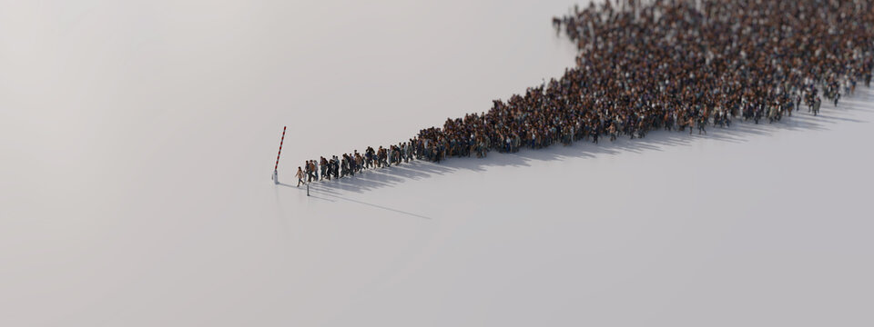 A stream of refugees at an open barrier. 3D illustration.