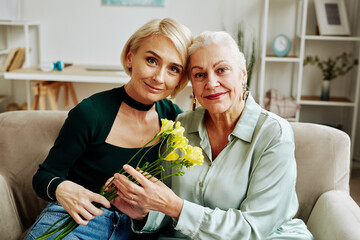 Front view portrait of adult daughter with mother looking at camera and holding flowers in cozy home scene