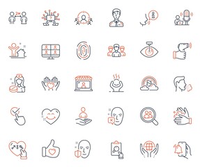 People icons set. Included icon as Face protection, Like hand and Business targeting web elements. Cough, Market seller, Fingerprint icons. Hold heart, Alarm clock, Wash hands web signs. Vector