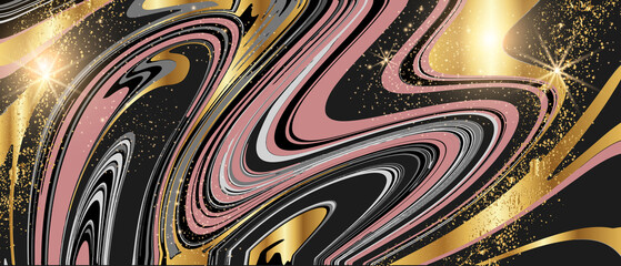 Gold pink marble background, shiny elegant stone surface, abstract luxury liquid vector texture. Modern wave rock cut wallpaper, golden glitter interior decor design. Pink marble banner backdrop