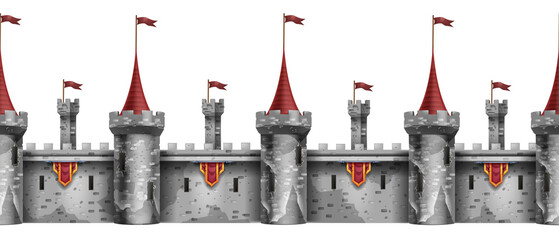 Seamless stone castle wall, old brick tower red flag on white, vector gray medieval fortress border. Rock ancient citadel royal fortification, fantasy game architecture background. Castle wall clipart © Oleksandra