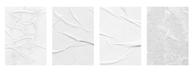 Blank white crumpled and creased paper poster texture set isolated on white background