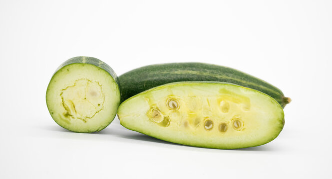potol or pointed gourd isolated on white background, selective focus
