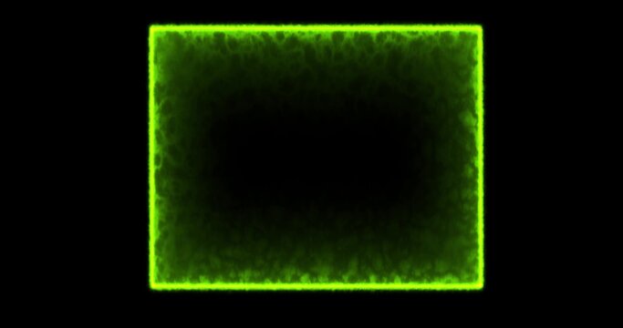 Rectangle, frame of energy, neon, smoke. green rectangle on a black background. Gradually, a neon square of energy appeared and a constant flicker in the rectangle. animation 4k, cartoon