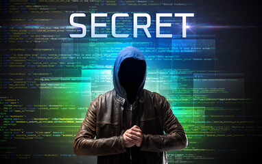 Faceless hacker on code background