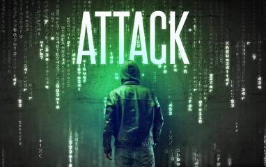 Faceless hacker with inscription concept