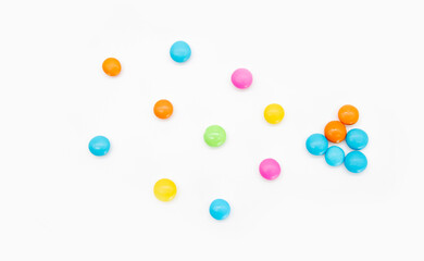 Tasty colorful candies design on white background, top view