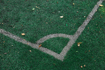 Corner of a soccer field with artificial turf. There are yellow leaves on the grass.