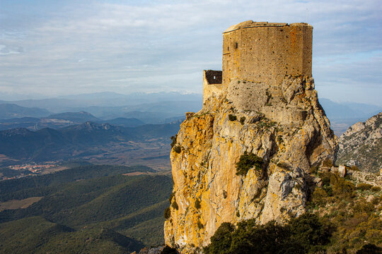 old castle in the mountains, castle of Qu&eacute;ribus dominating the valley