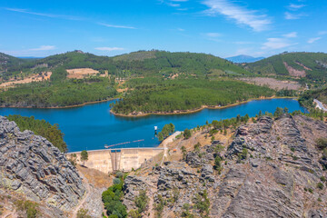 Aerial view of Penha Garcia water reservoir in Portugal