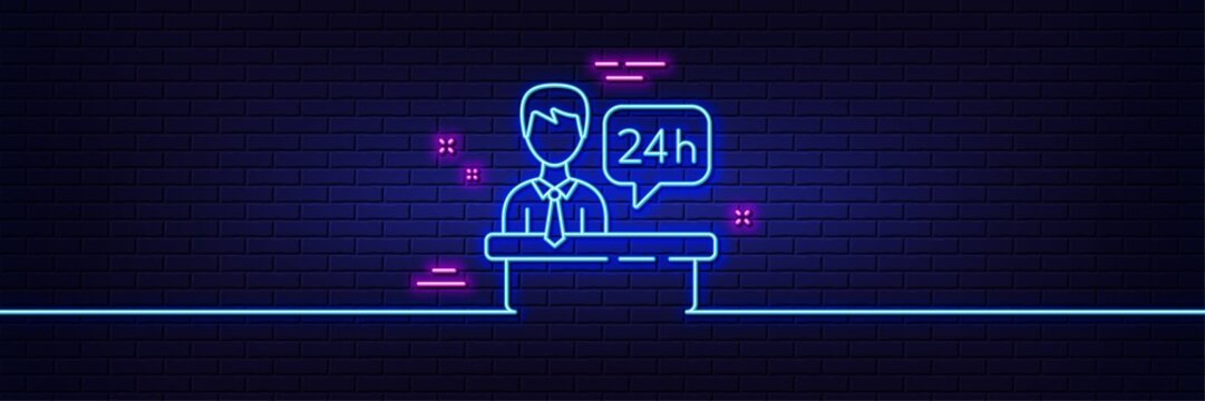 Neon light glow effect. Reception desk line icon. 24 hour help sign. Hotel service symbol. 3d line neon glow icon. Brick wall banner. Reception desk outline. Vector