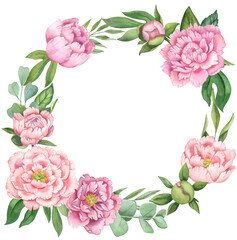 Hand drawn watercolor wreath with peonyes