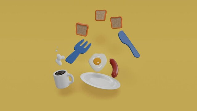3D Rendering concept of food: 3d render of a coffee, egg, sausage, bacon, butter, bread on background