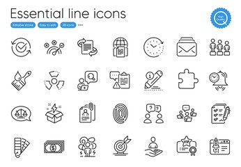 Approved, Clipboard and Difficult stress line icons. Collection of Teamwork, Brush, Justice scales icons. Payment, Equality, Creative idea web elements. Internet documents, Recruitment. Vector