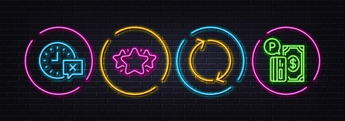 Star, Time and Refresh minimal line icons. Neon laser 3d lights. Parking payment icons. For web, application, printing. Favorite, Remove alarm, Rotation. Paid garage. Neon lights buttons. Vector