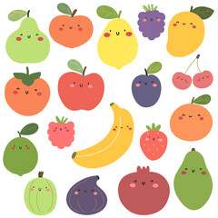 Collection of fruits and berries in cartoon style. Vector isolates on white background.