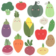 Collection of vegetables in cartoon style. Vector isolates on white background.